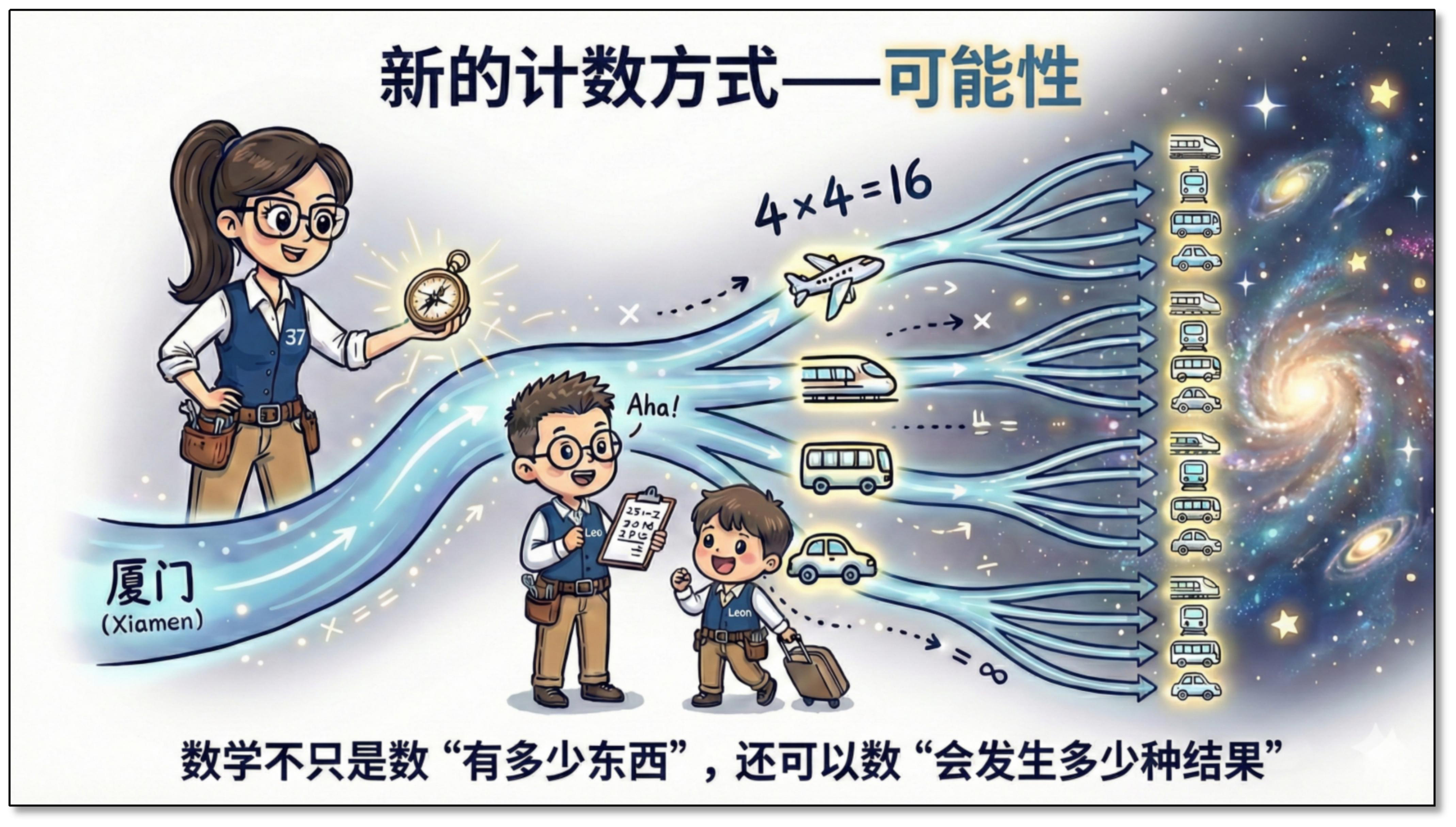 新的计数方式——可能性源文插图，展示 4×4=16 的路线分支